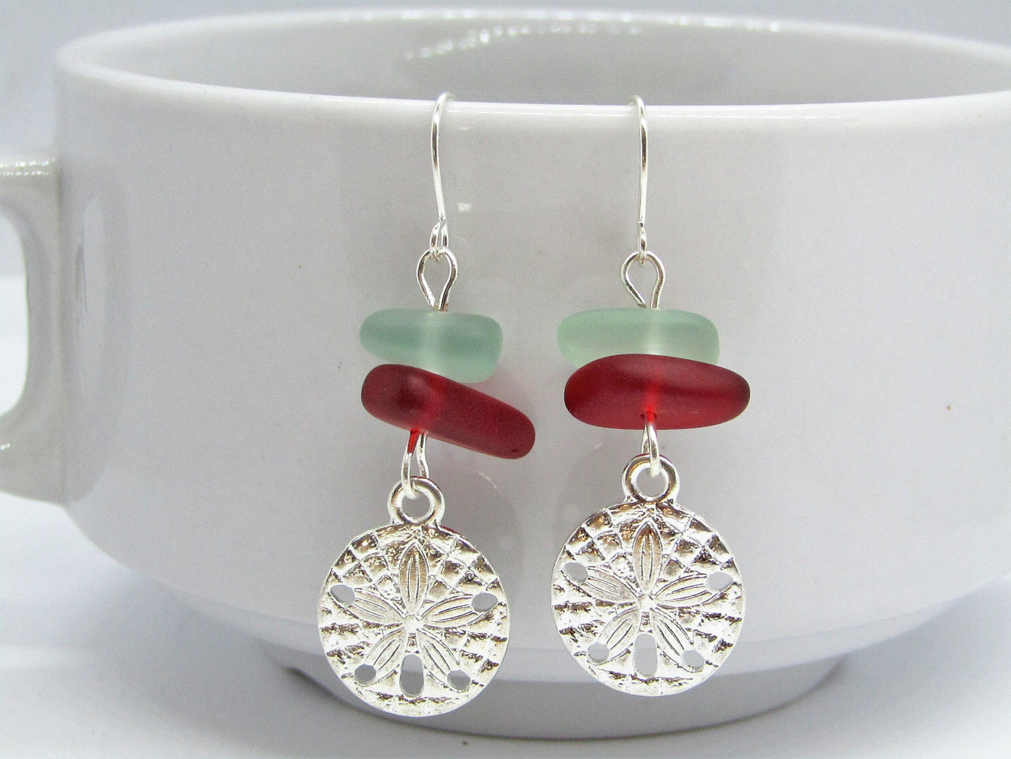 Frosted Sea Glass Earrings: Red & Blue Pebble, Silver Sand Dollar Charm