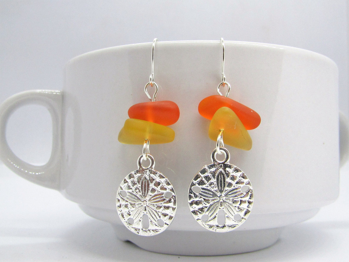Sea Glass Earrings: Sterling Silver Sand Dollar Charm, Beach Jewelry