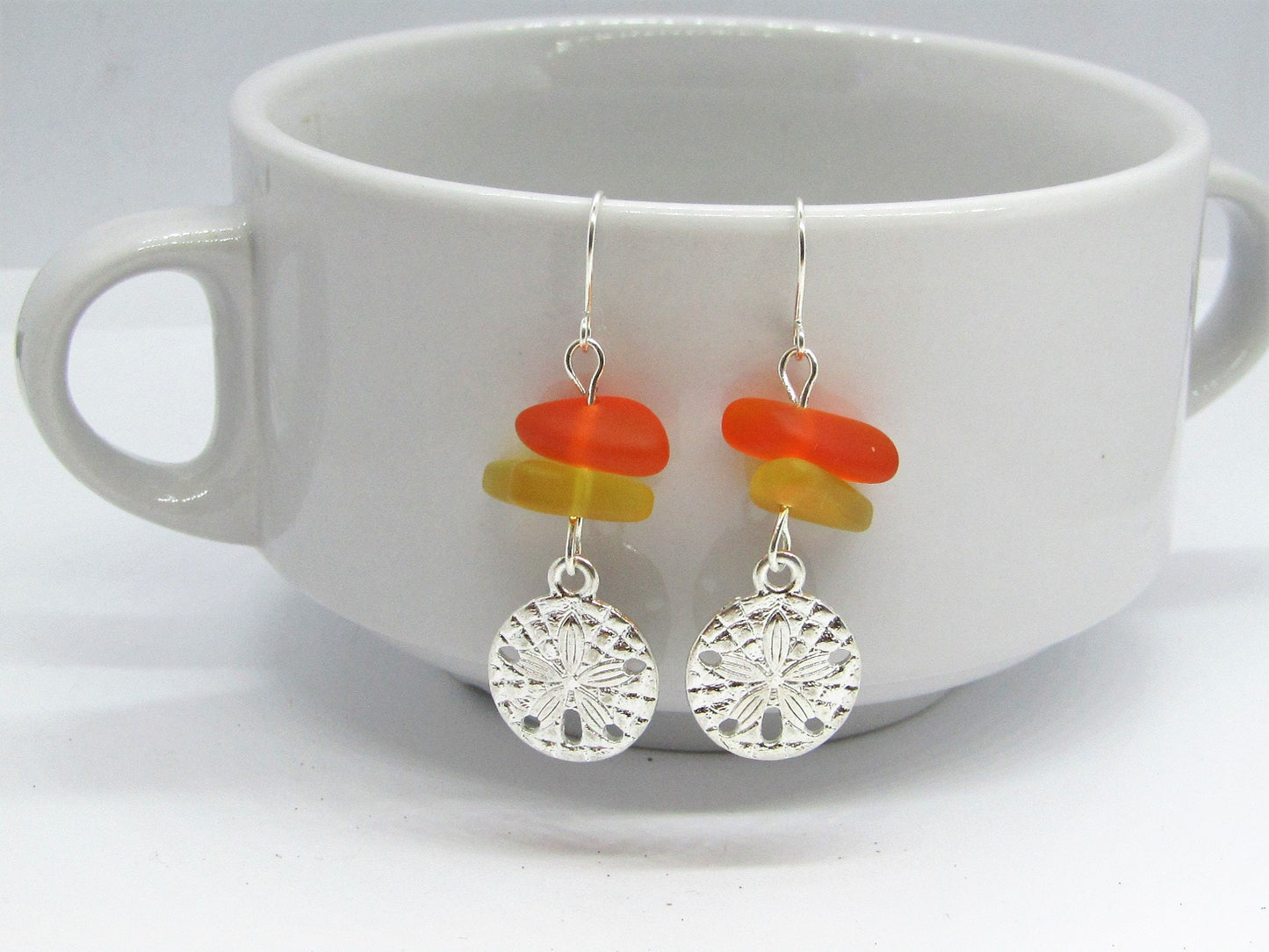 Sea Glass Earrings: Sterling Silver Sand Dollar Charm, Beach Jewelry