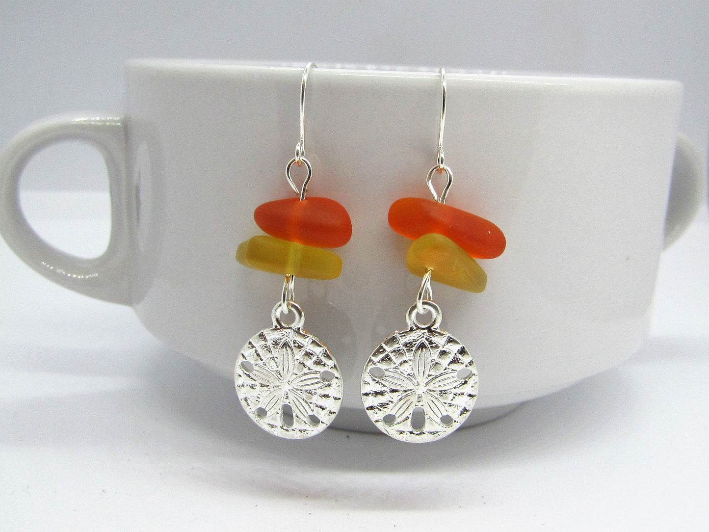 Sea Glass Earrings: Sterling Silver Sand Dollar Charm, Beach Jewelry