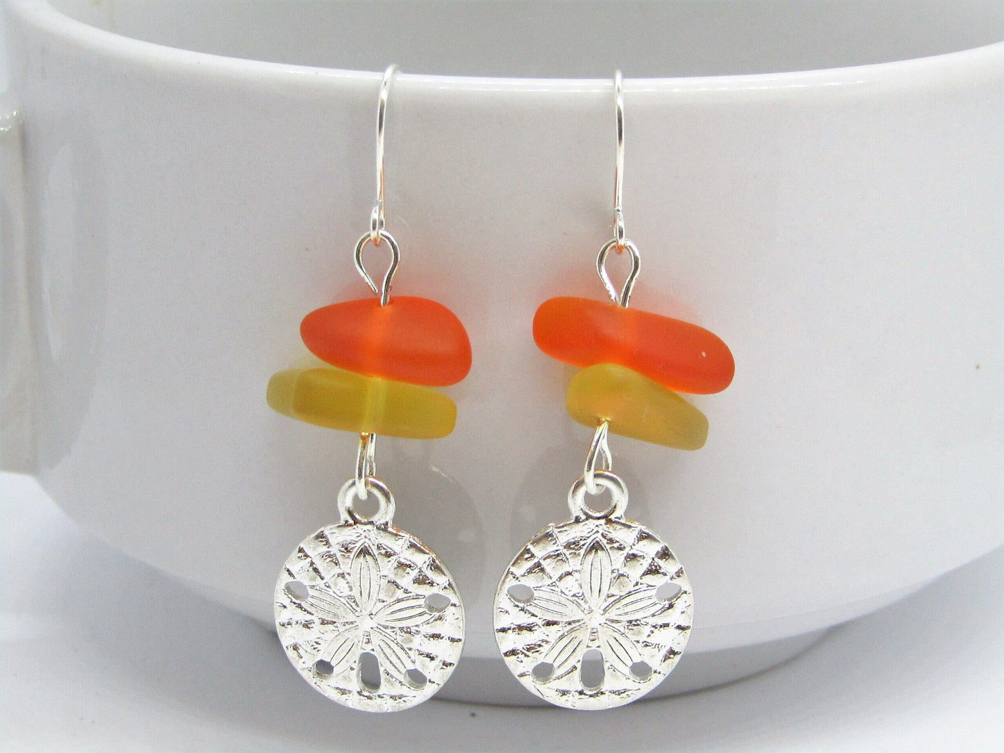 Sea Glass Earrings: Sterling Silver Sand Dollar Charm, Beach Jewelry