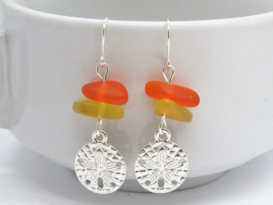 Sea Glass Earrings: Sterling Silver Sand Dollar Charm, Beach Jewelry