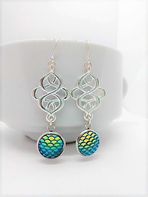 Blue Mermaid Scale Dangle Earrings: Silver Plated Beach Jewelry