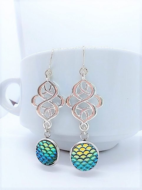 Blue Mermaid Scale Dangle Earrings: Silver Plated Beach Jewelry