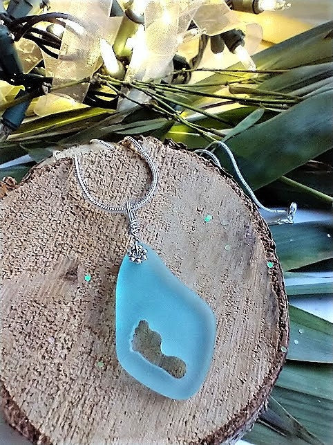 Ladies Necklace Blue Seaglass Footprint Pendant Silver Snake Chain Necklace 18 Inches Beach Pendant Gift For Her