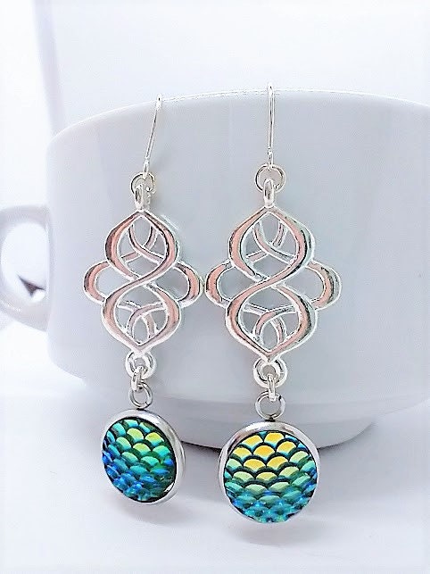 Blue Mermaid Scale Dangle Earrings: Silver Plated Beach Jewelry