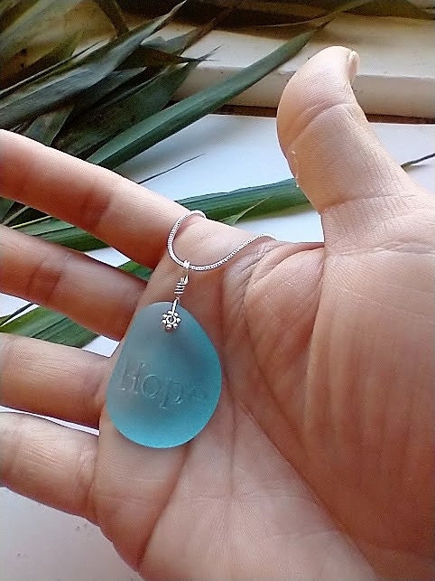 HOPE Necklace Inspirational Blue Sea Glass Pendant Silver Snake Chain Necklace Personalized Necklace Gift For Her Bad Apple Designs