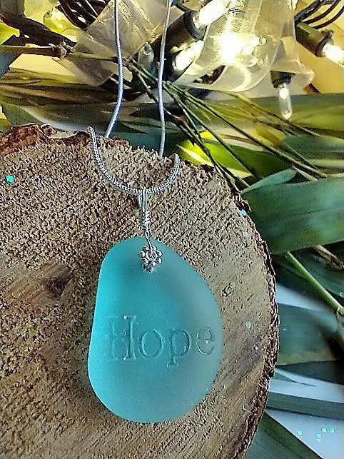 HOPE Necklace Inspirational Blue Sea Glass Pendant Silver Snake Chain Necklace Personalized Necklace Gift For Her Bad Apple Designs