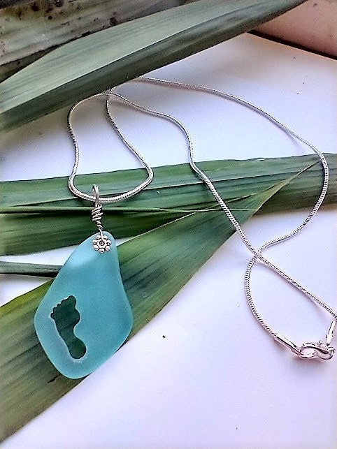 Ladies Necklace Blue Seaglass Footprint Pendant Silver Snake Chain Necklace 18 Inches Beach Pendant Gift For Her