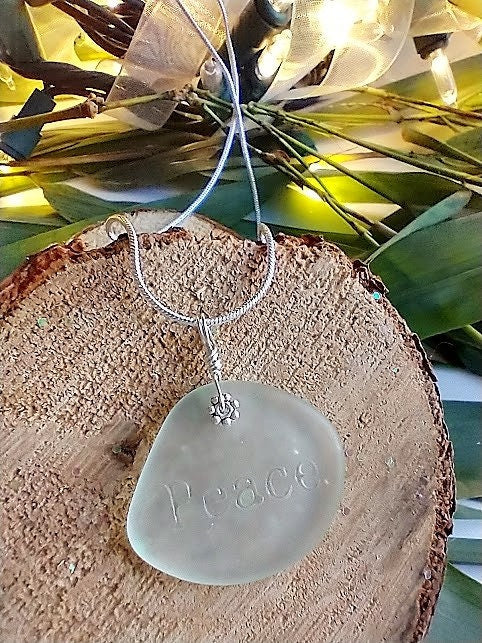 Inspirational Necklace Peace Aqua Blue Sea Glass Pendant Silver Snake Chain Necklace Minimalist Necklace Personalized Necklace Gift For Her