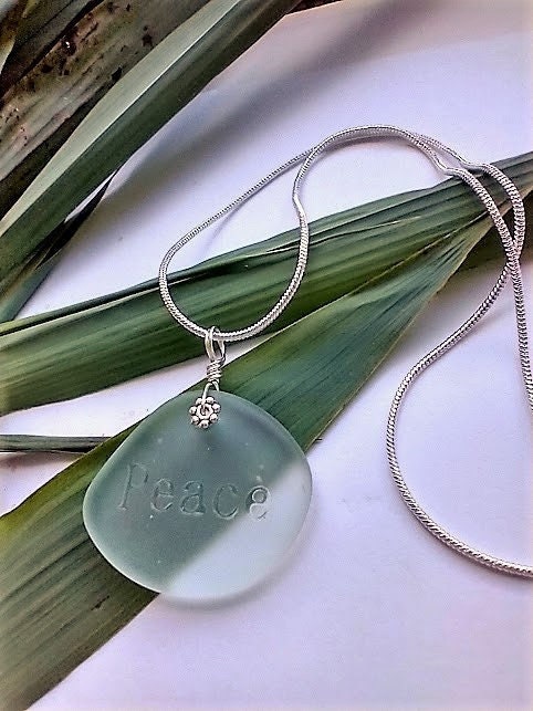 Inspirational Necklace Peace Aqua Blue Sea Glass Pendant Silver Snake Chain Necklace Minimalist Necklace Personalized Necklace Gift For Her