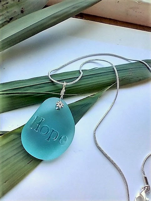 HOPE Necklace Inspirational Blue Sea Glass Pendant Silver Snake Chain Necklace Personalized Necklace Gift For Her Bad Apple Designs