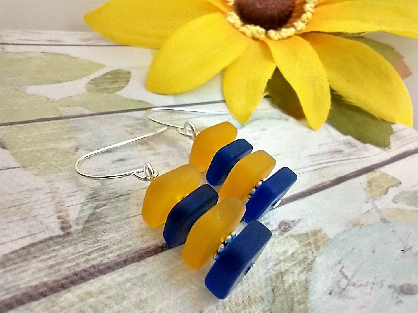 Blue & Yellow Sea Glass Earrings: .925 Sterling Silver Dangle
