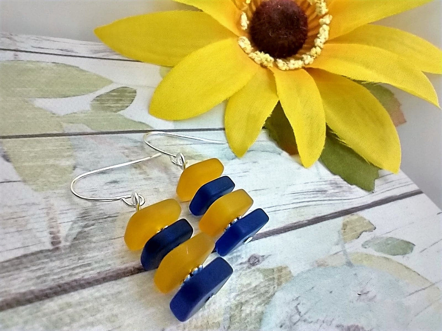 Blue & Yellow Sea Glass Earrings: .925 Sterling Silver Dangle