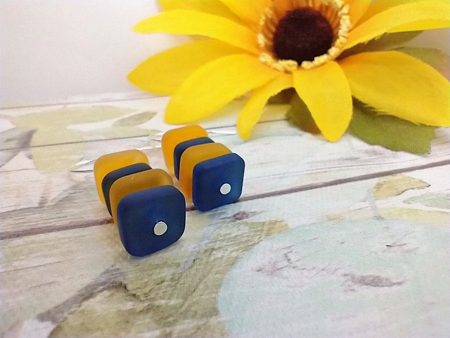 Blue & Yellow Sea Glass Earrings: .925 Sterling Silver Dangle