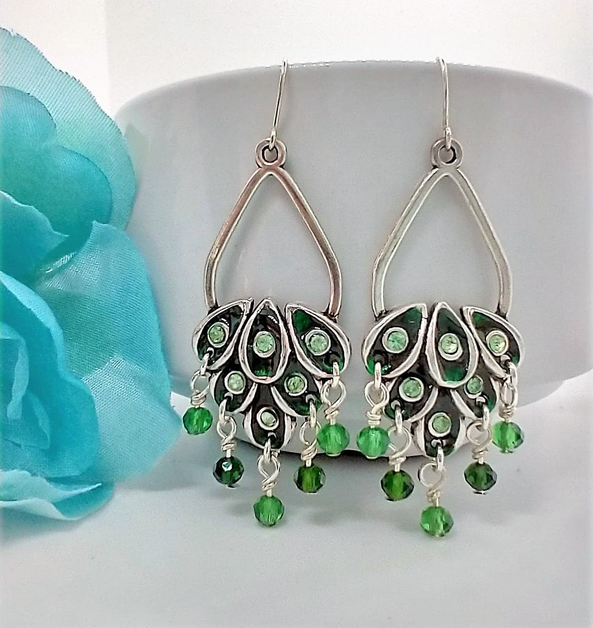 Enameled Chandelier Earrings: Teal Crystal Dangle, Silver Plated