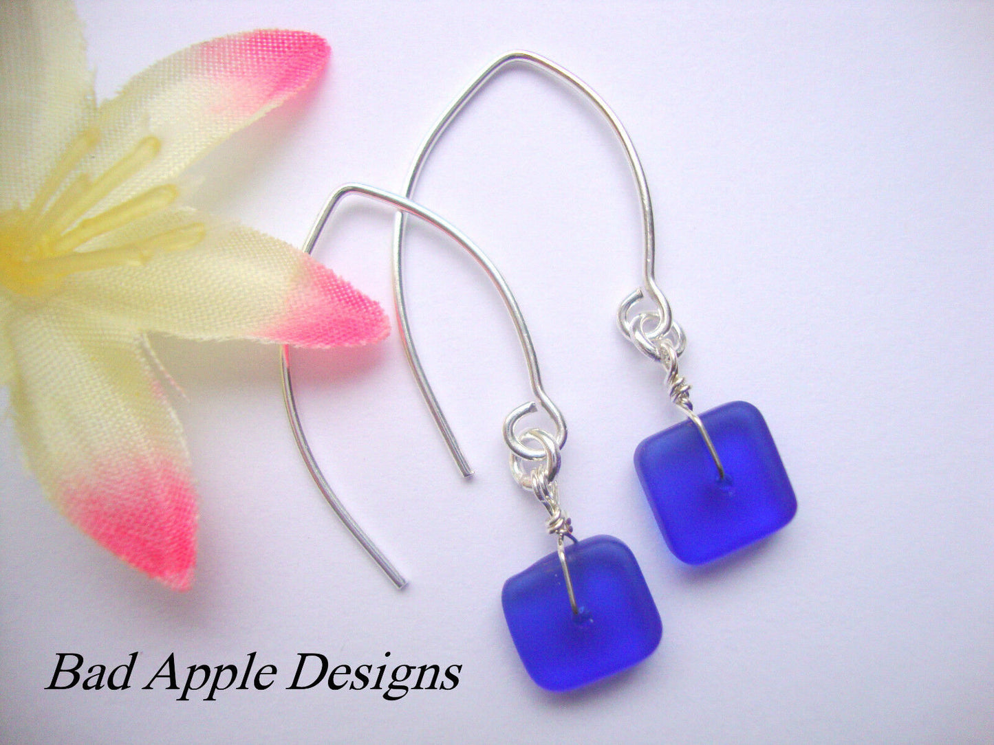 Dainty Cobalt Seaglass Earrings: Bohemian Silver Dangle Earrings