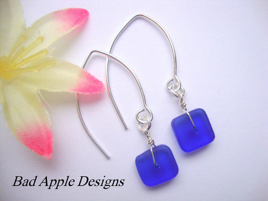 Dainty Cobalt Seaglass Earrings: Bohemian Silver Dangle Earrings