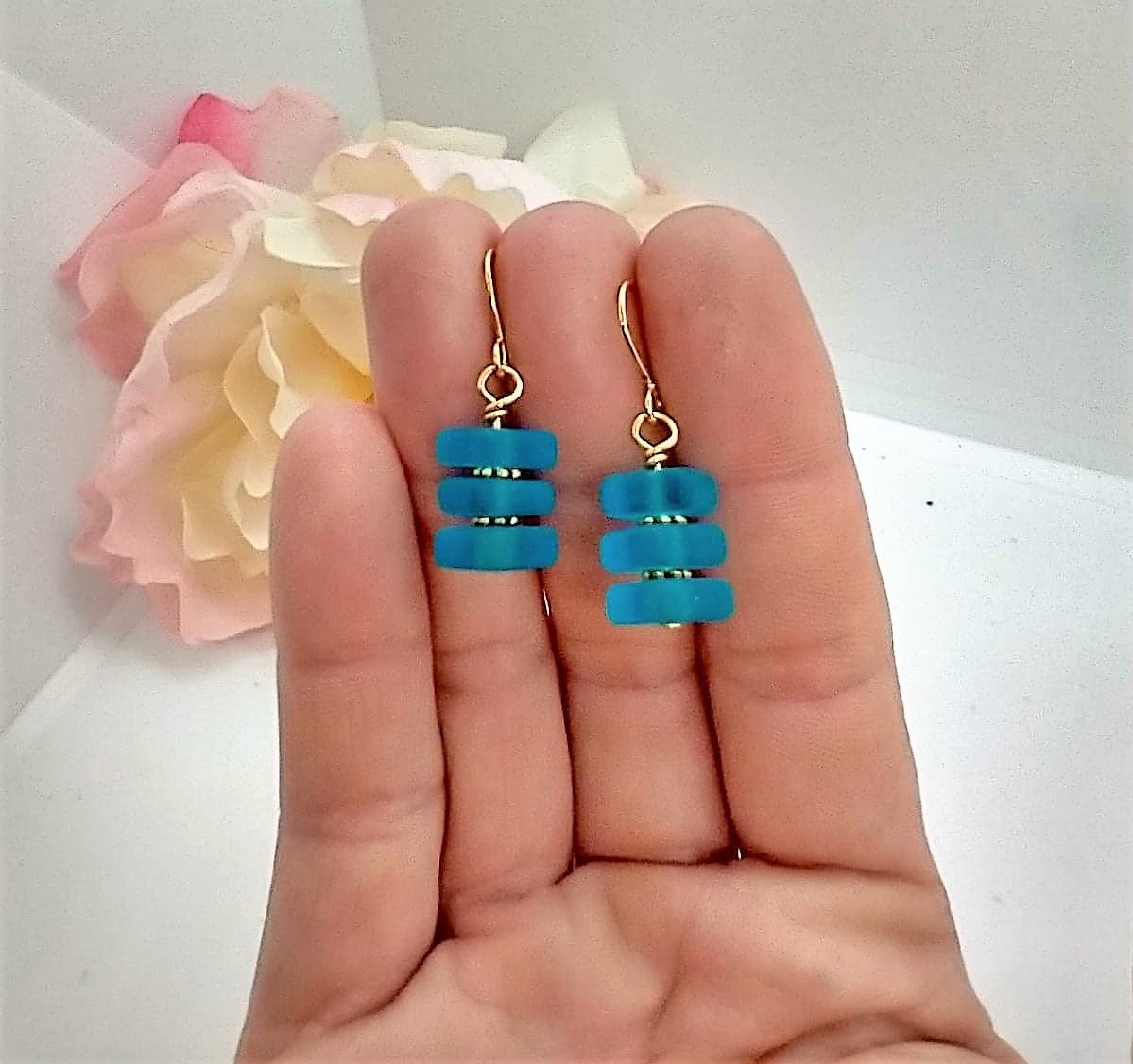 Delicate Sea Glass Gold Earrings - Dainty Jewelry Gift for Women Beach Wedding Drop Dangle Earrings by Bad Apple Designs Handcrafted