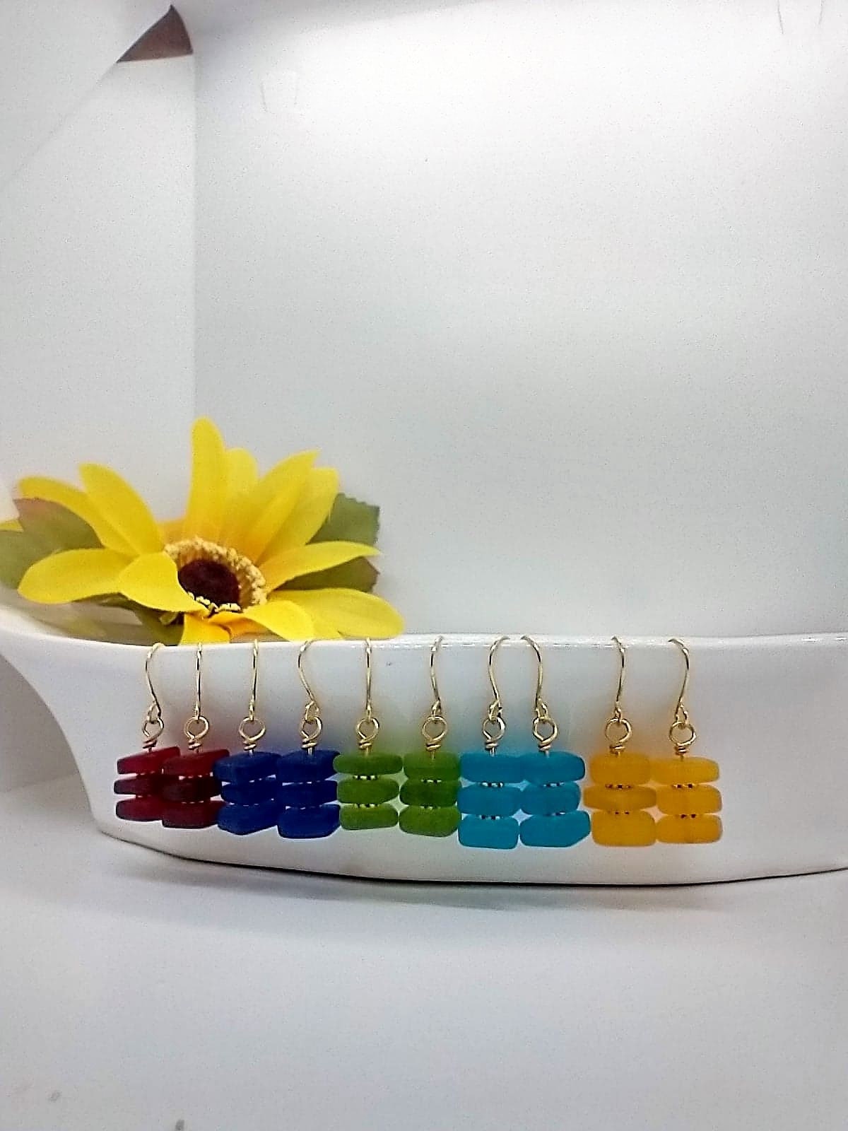 Dainty Sea Glass Gold Dangle Earrings: Beach Wedding Jewelry
