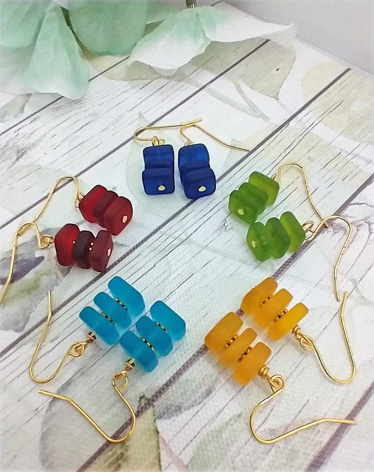 Dainty Sea Glass Gold Dangle Earrings: Beach Wedding Jewelry