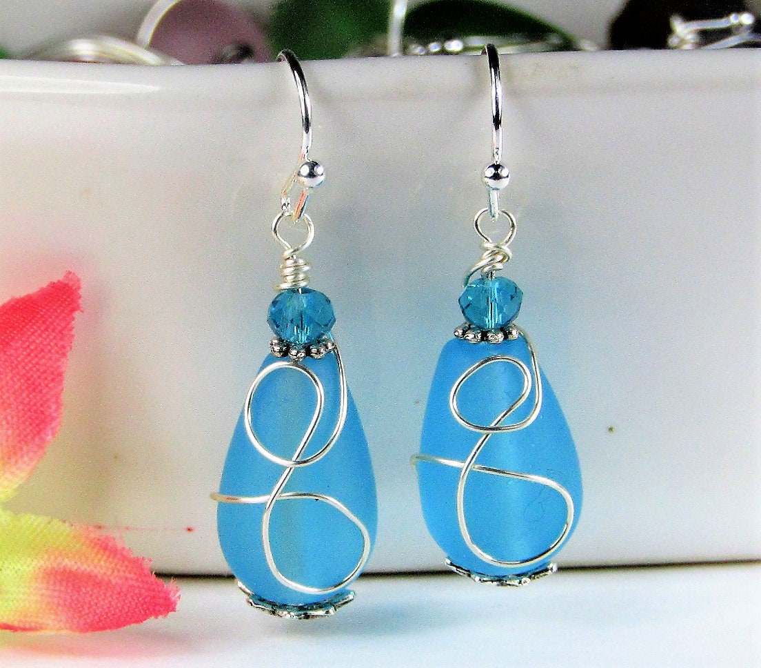 Caribbean Blue Sea Glass Earrings, Wire Wrap Sea Foam Sea Glass Earrings, Tear Drop Dangling Ear Rings, Christmas Gift