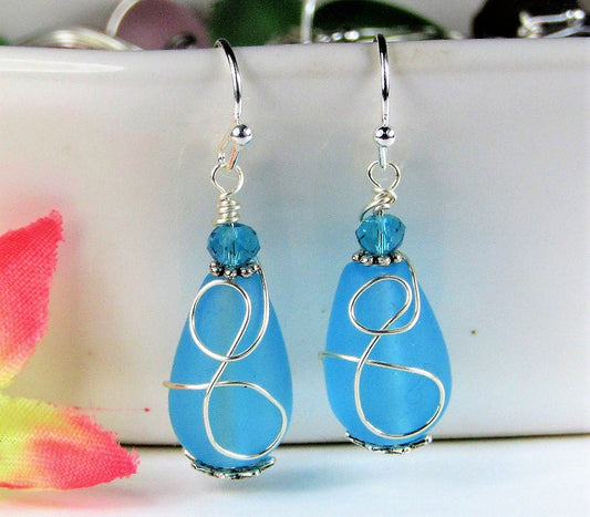 Caribbean Blue Sea Glass Earrings, Wire Wrap Sea Foam Sea Glass Earrings, Tear Drop Dangling Ear Rings, Christmas Gift
