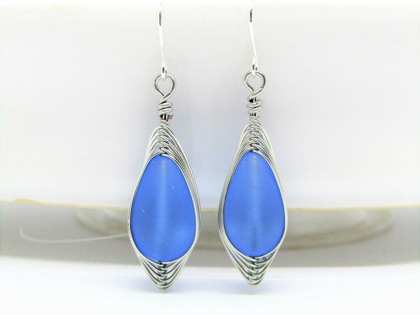 Sterling Silver Teardrop Earrings  Frosted Sea Glass Silver Wire Braided Ladies Dangle Earrings Boho Earrings Bridal Jewelry Gift For Her