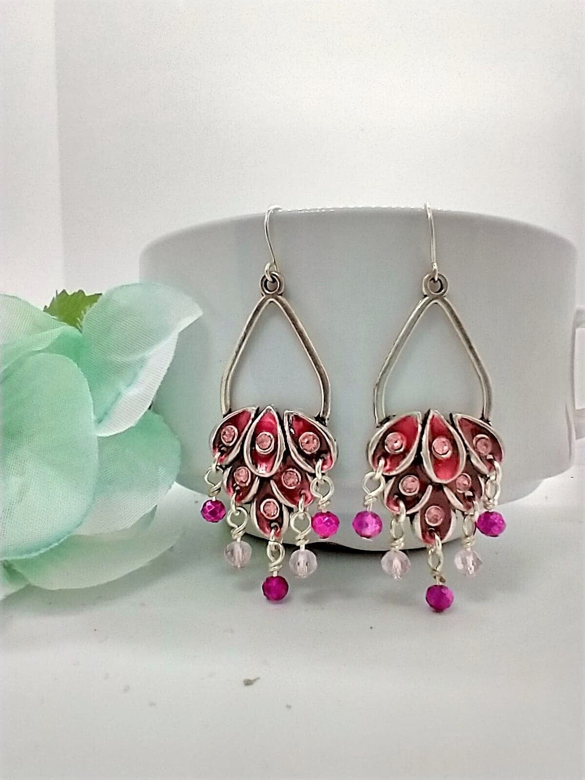 Enameled Chandelier Earrings: Teal Crystal Dangle, Silver Plated