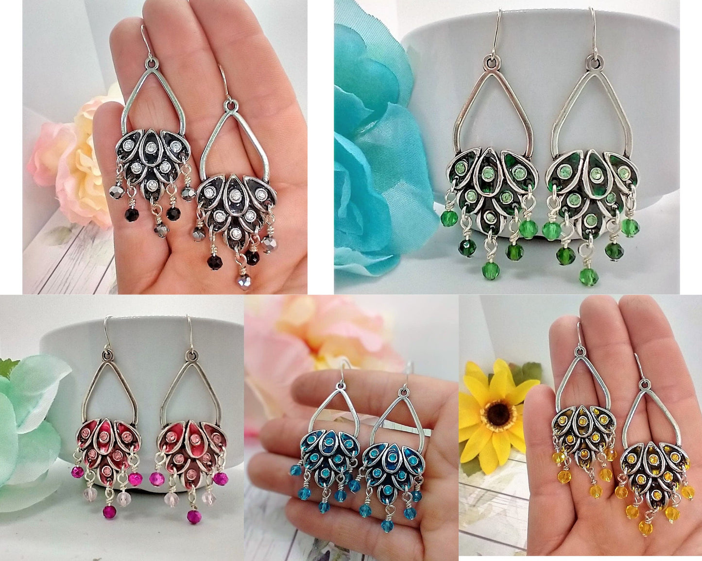 Enameled Chandelier Earrings: Teal Crystal Dangle, Silver Plated
