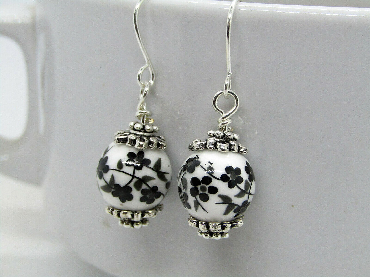 Floral Ceramic Earrings: Sterling Silver Dangles, Boho Jewelry