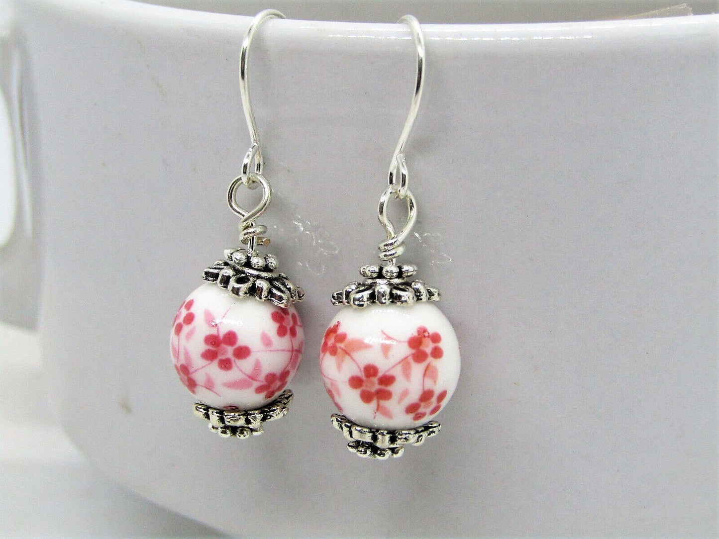 Floral Ceramic Earrings: Sterling Silver Dangles, Boho Jewelry