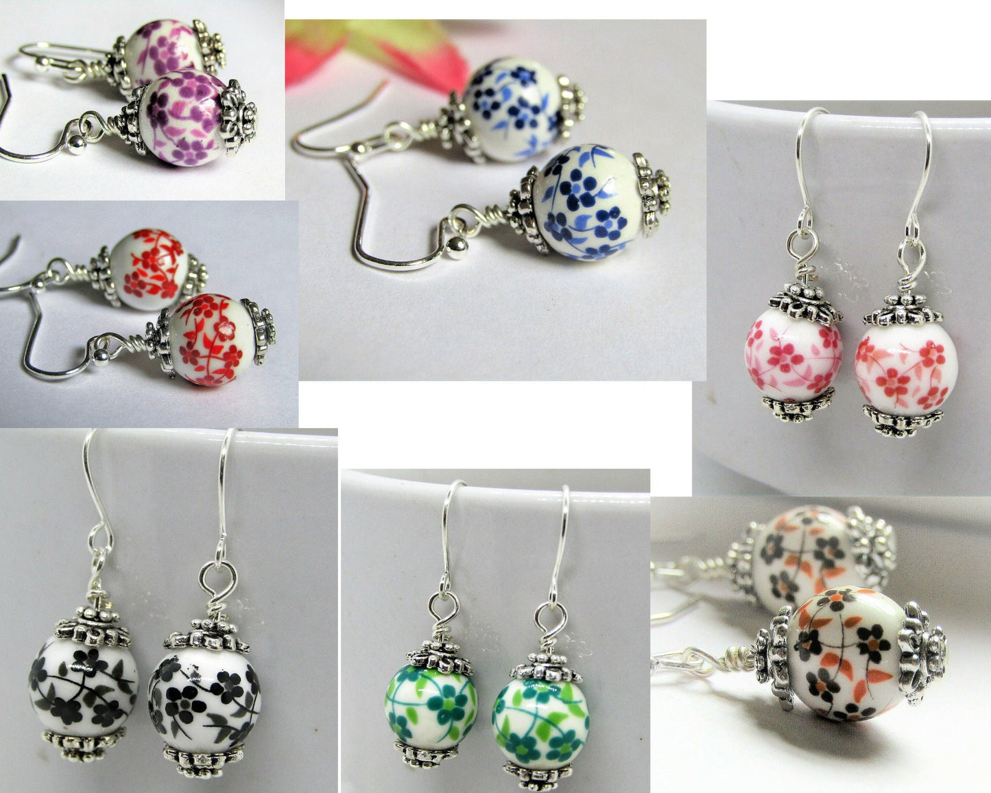 Floral Ceramic Earrings: Sterling Silver Dangles, Boho Jewelry