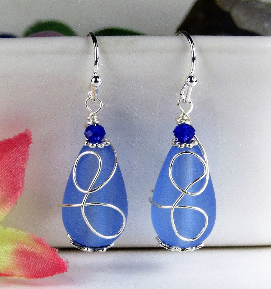 Frosted Blue Teardrop Glass Earrings: Sterling Silver Dangle, Wedding Jewelry
