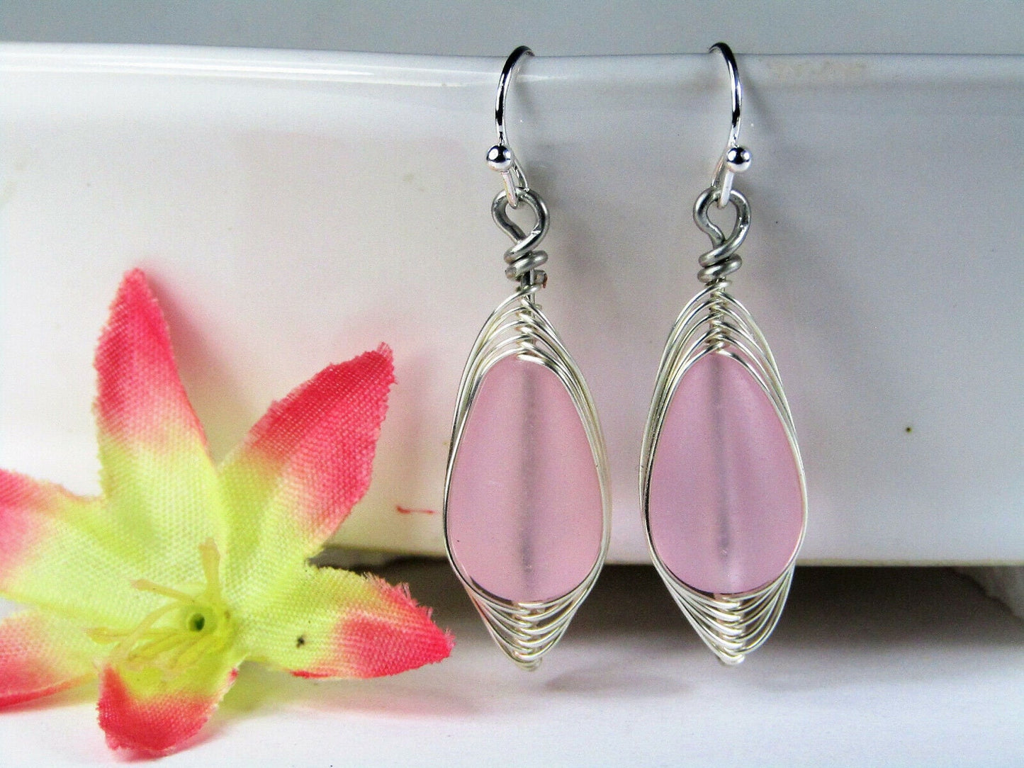 Sterling Silver Teardrop Earrings: Frosted Sea Glass Dangle Earrings