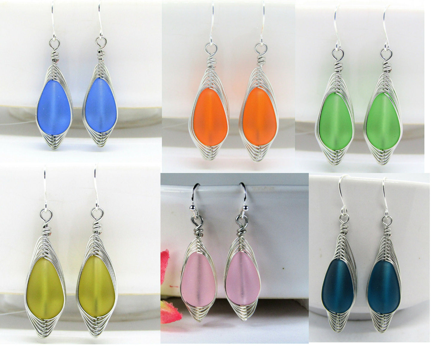 Sterling Silver Teardrop Earrings  Frosted Sea Glass Silver Wire Braided Ladies Dangle Earrings Boho Earrings Bridal Jewelry Gift For Her