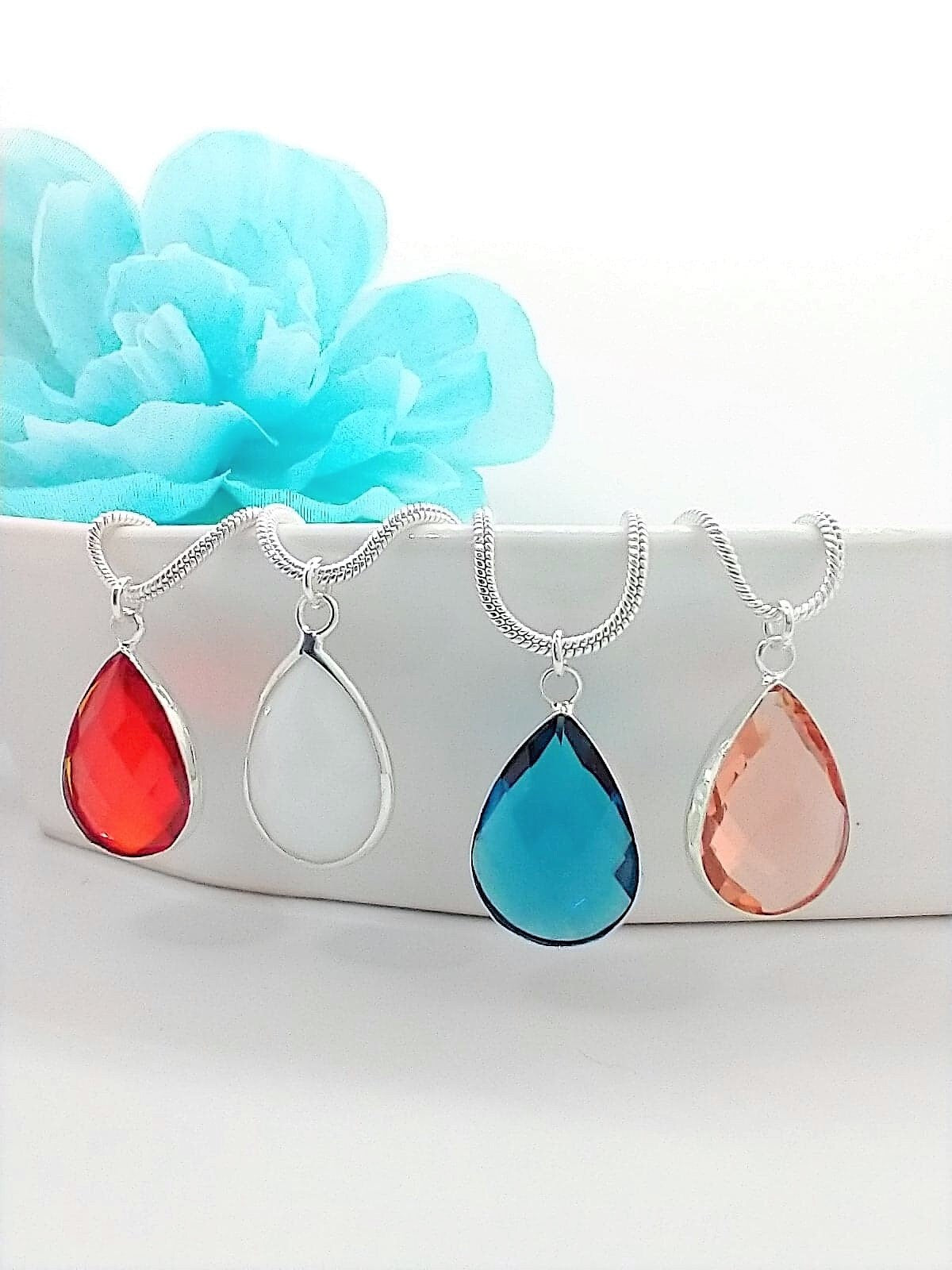 Faceted Teardrop Necklace: Silver Plated Pendant, Custom Color