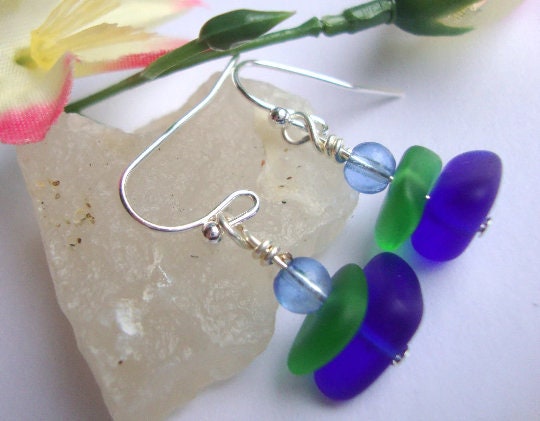 Dainty Sea Glass Earrings: Sterling Silver, Blue & Green Ocean Baubles