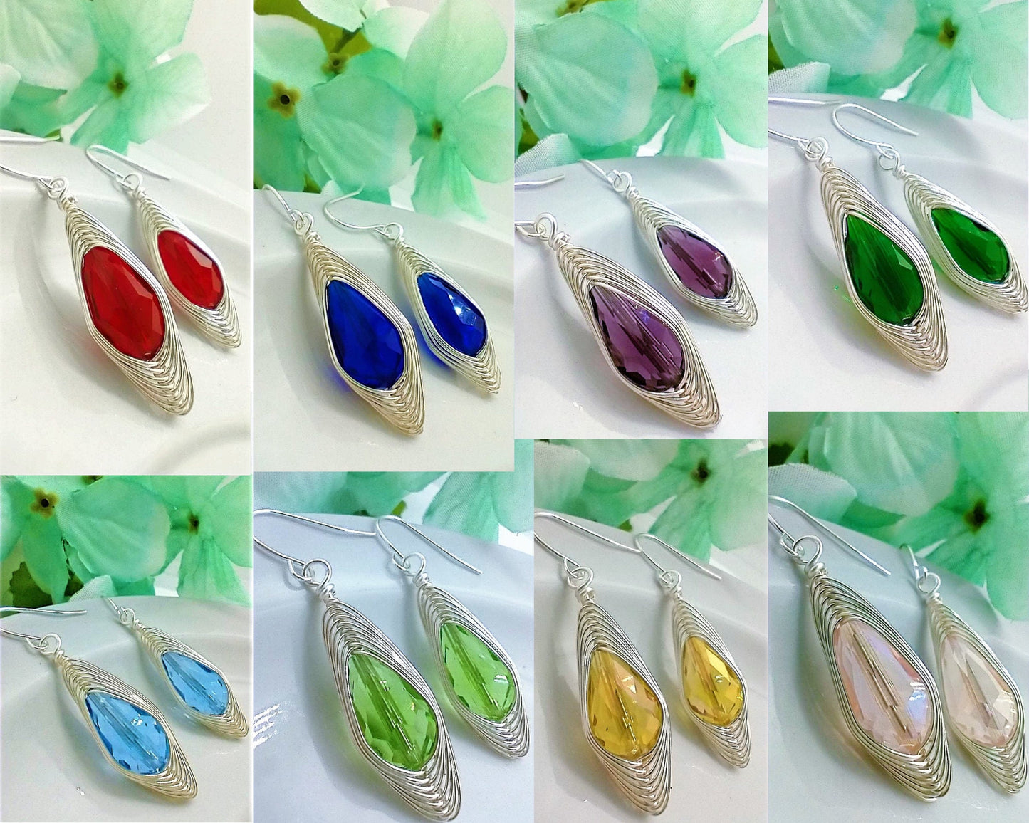 Teardrop Crystal Earrings: Wire Braided .925 Sterling Silver Drop Jewelry
