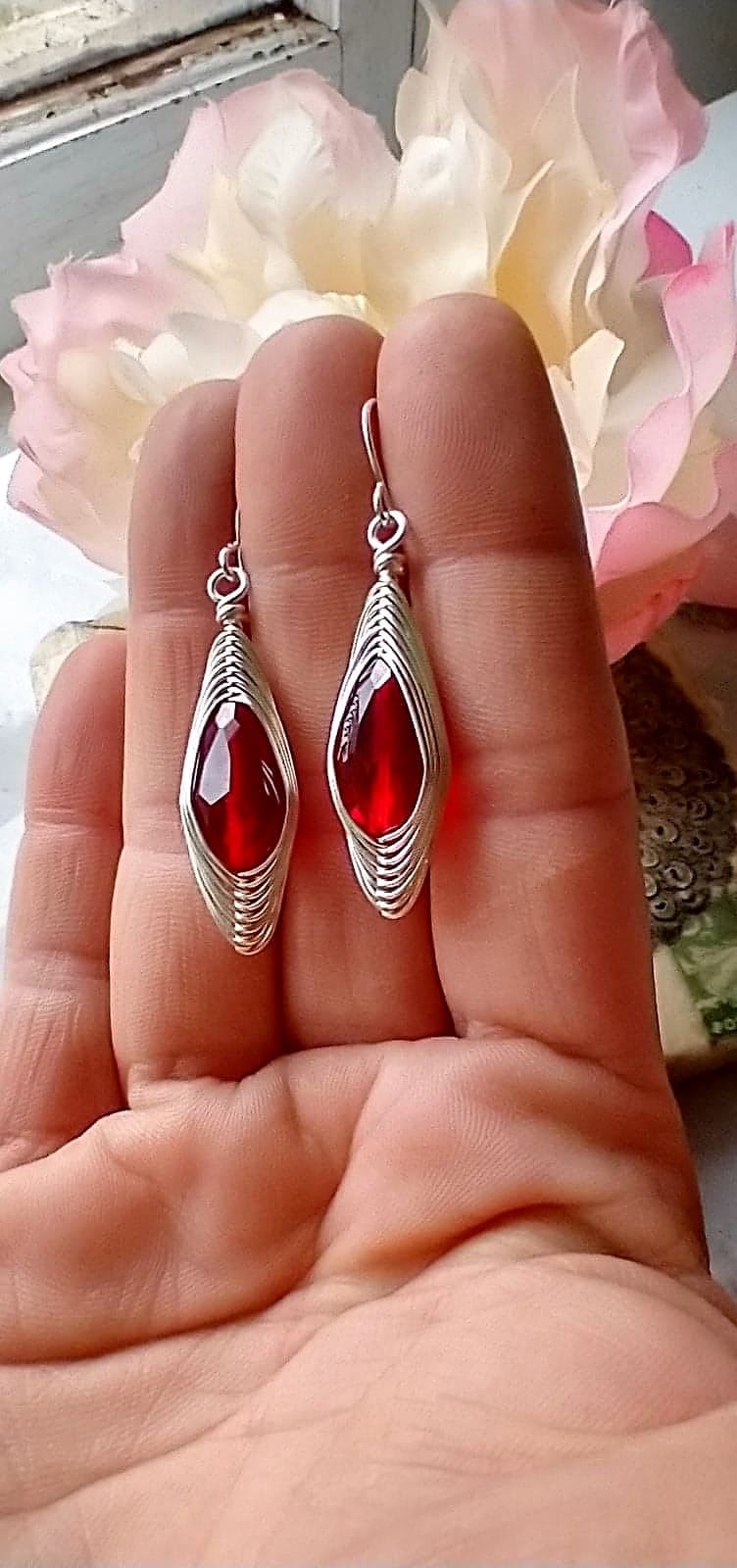 Teardrop Crystal Earrings: Wire Braided .925 Sterling Silver Drop Jewelry