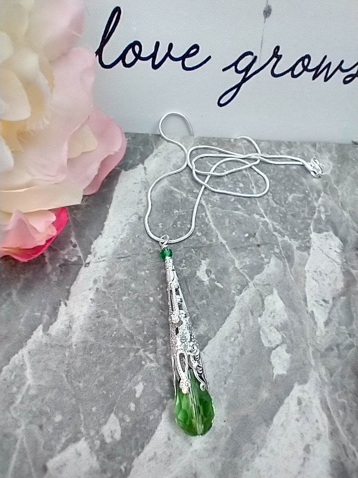 Crystal Teardrop Pendant Necklace: Silver Filigree, Colorful Jewelry