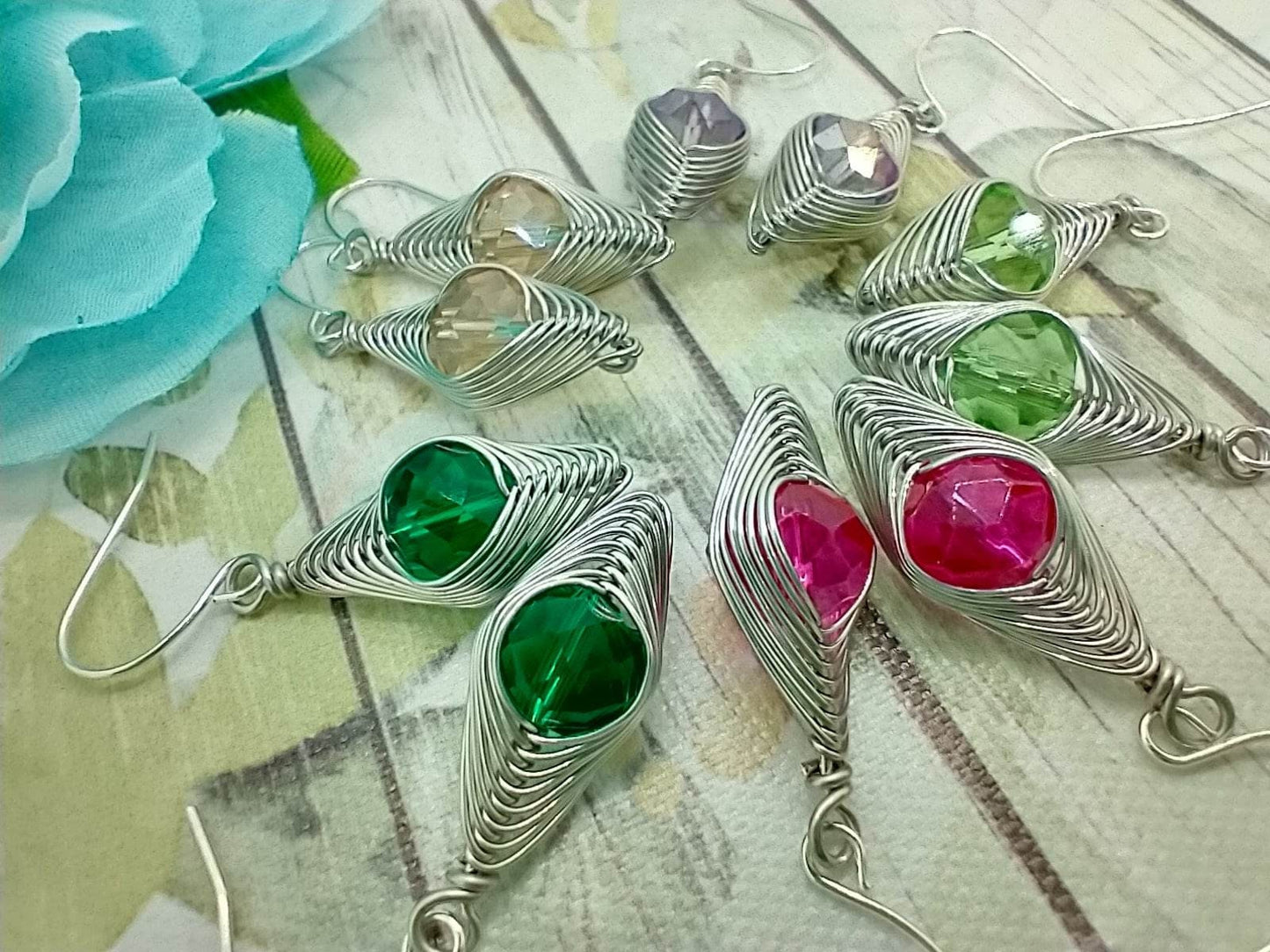 Dainty Crystal Dangle Earrings: Silver Wire Wrapped, Boho Style