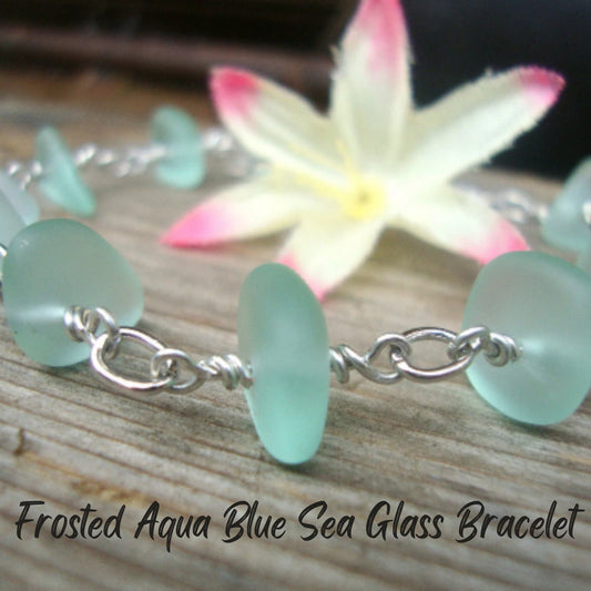 Handmade Aqua Sea Glass Bracelet: Silver Chain, Beach Wedding Jewelry