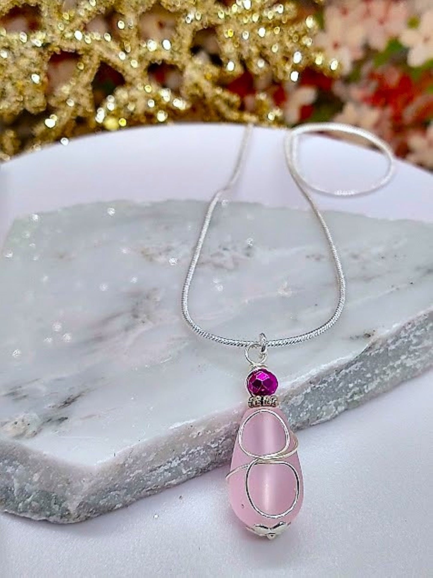 Pink Sea Glass Necklace, Dainty Pendant, Silver Snake Chain Necklace, Birthday Gift For Her, Bridal Necklace, Beachy Necklace