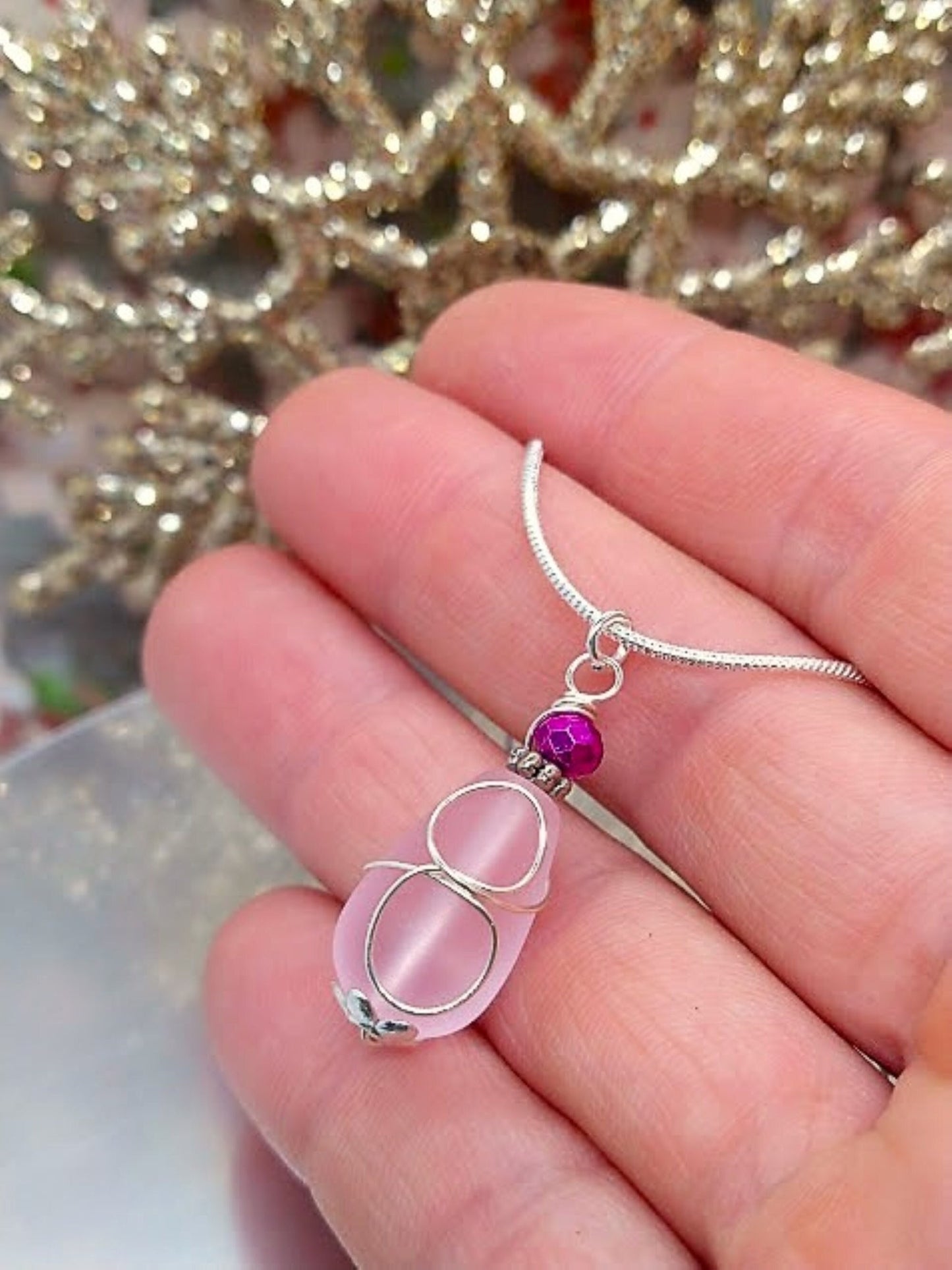Pink Sea Glass Necklace, Dainty Pendant, Silver Snake Chain Necklace, Birthday Gift For Her, Bridal Necklace, Beachy Necklace