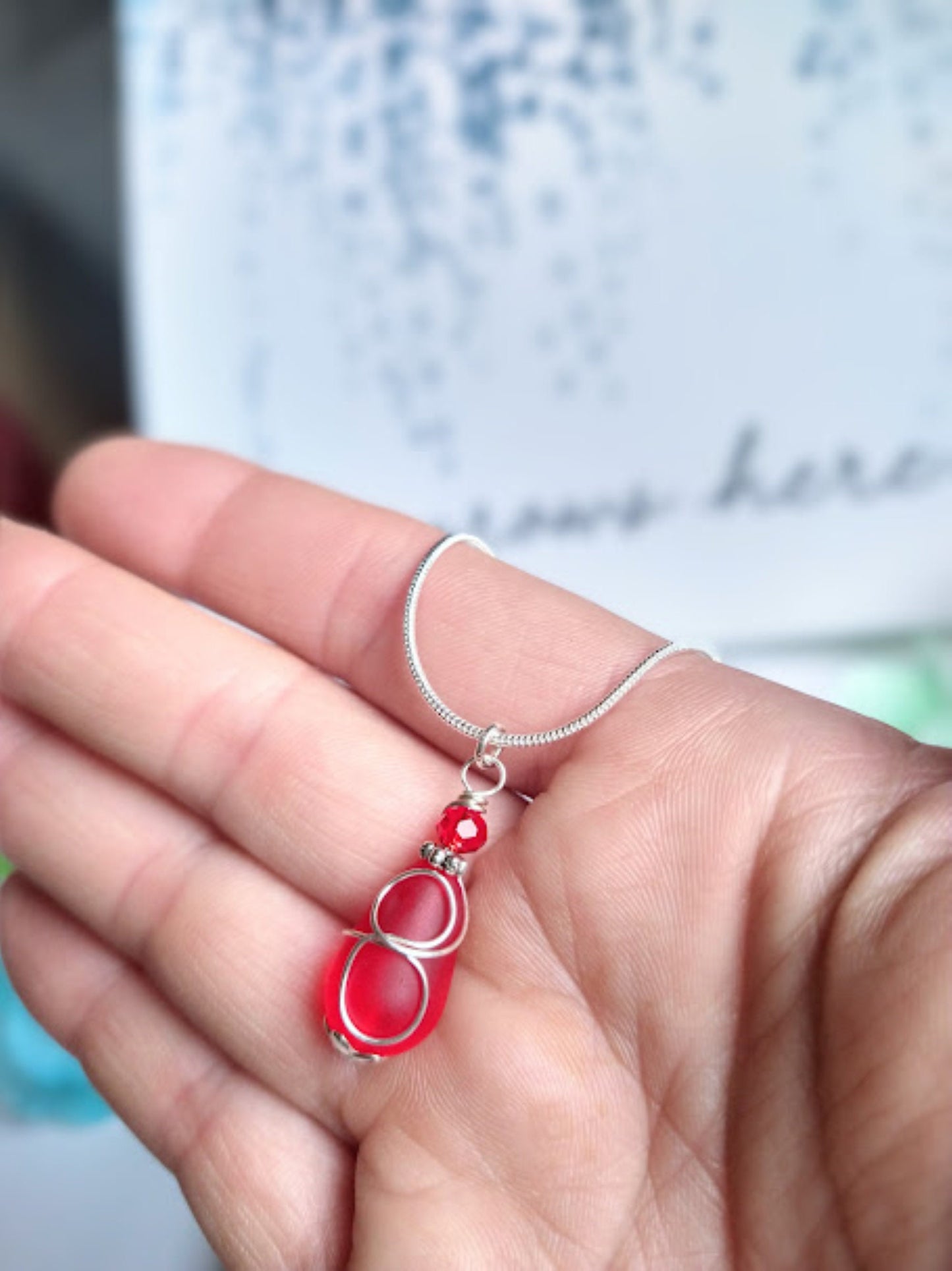 Red Sea Glass Necklace Silver Snake Chain Necklace Beach Jewelry Gift For Ocean Lover Beach Wedding Dainty Drop Pendant Sterling Silver