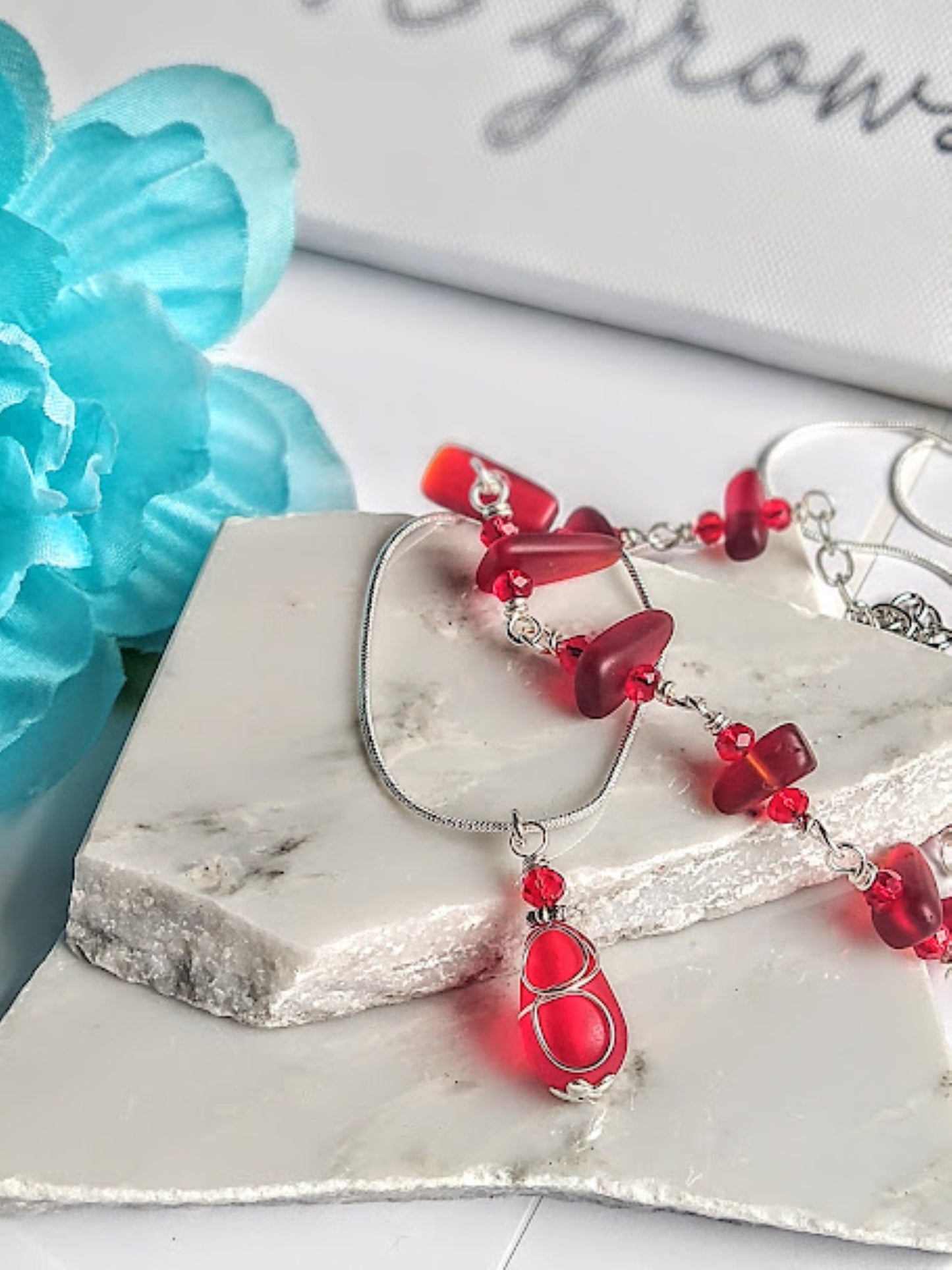 Red Sea Glass Pendant Necklace: Silver Wire Wrapped Jewelry