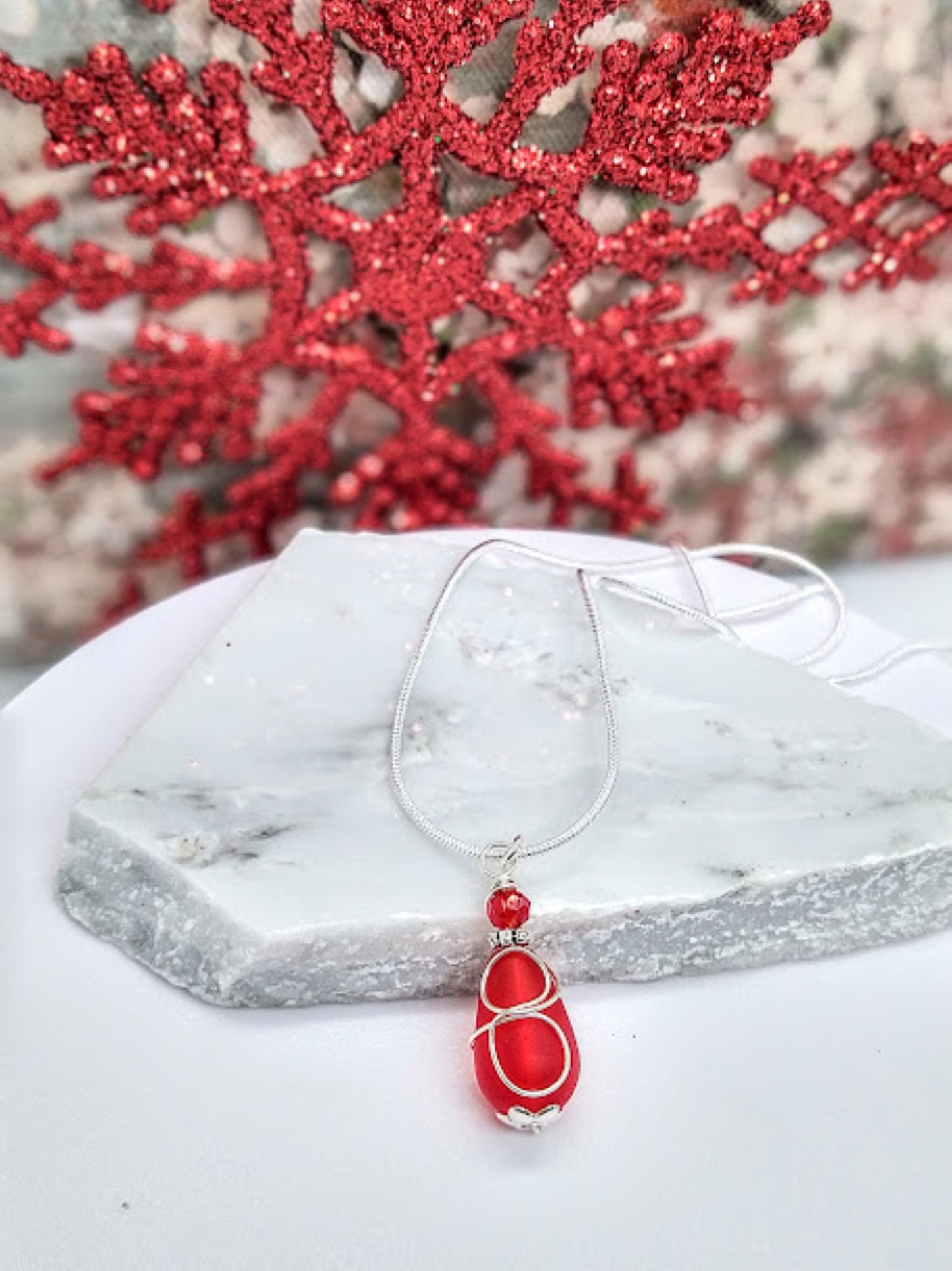 Red Sea Glass Necklace Silver Snake Chain Necklace Beach Jewelry Gift For Ocean Lover Beach Wedding Dainty Drop Pendant Sterling Silver