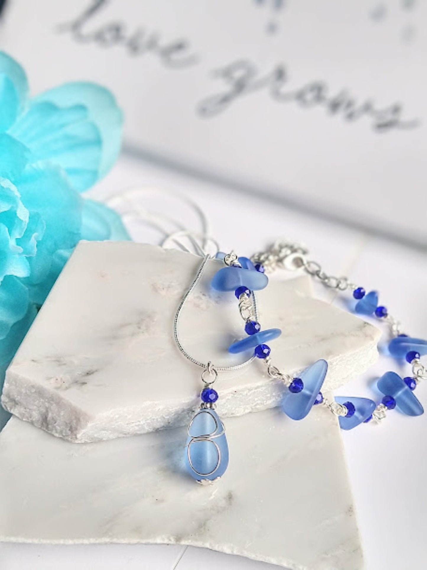 Cobalt Blue Sea Glass Silver Snake Chain Necklace Gift For Her Minimalist Jewelry Teardrop Pendant Birthday Gift For Her Dainty Dangle
