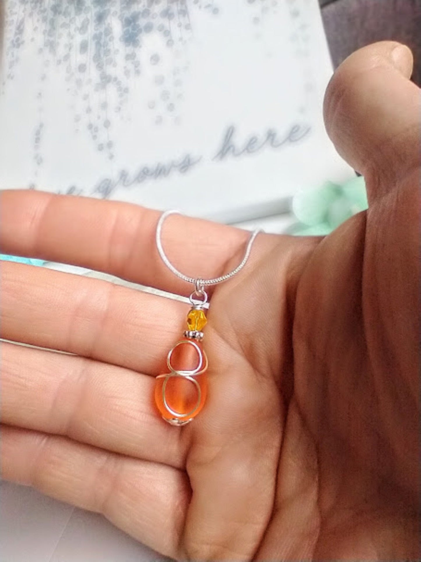 Orange Sea Glass Silver Snake Chain Necklace: Wire Wrapped Pendant